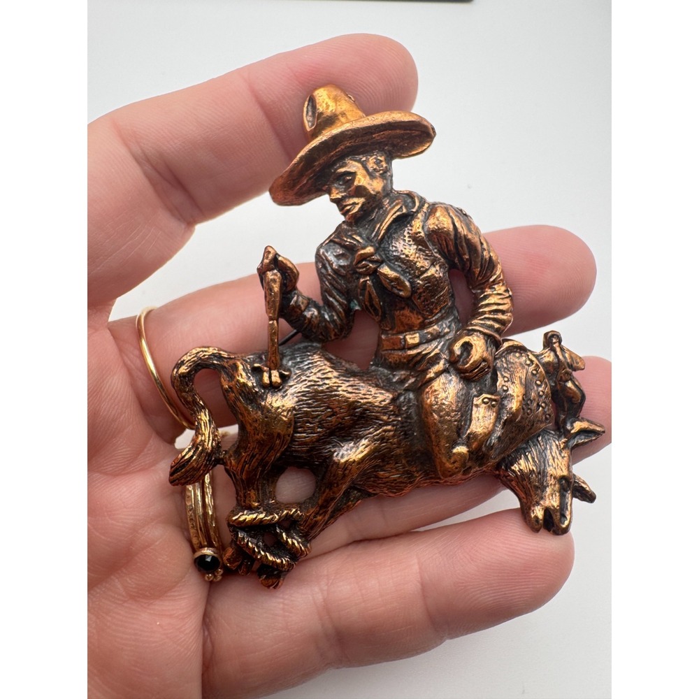 Vintage Cowboy Brooch Copper Riding Bucking Bronco Pin Western Americana